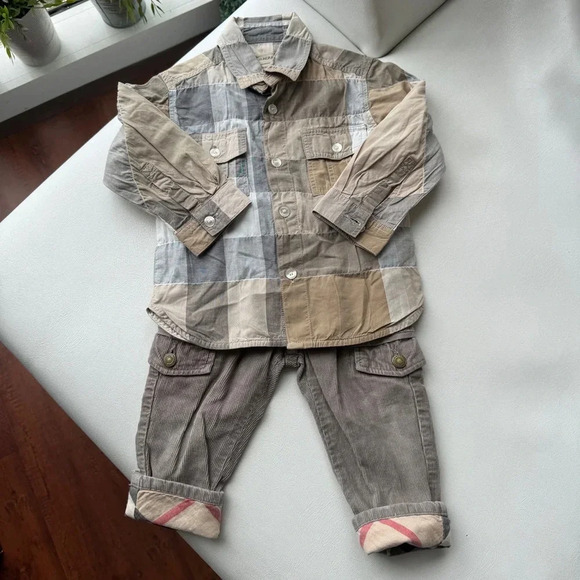 Burberry Other - Set shirt button down long sleeves + bottoms 9/12 months Burberry beige